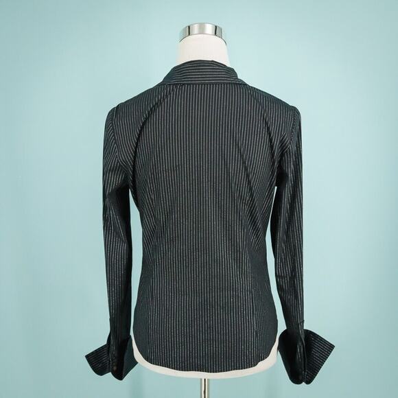 Lafayette 148 Size 2 Black Silver Stripe Collared Button Front Long Sleeve Top - Picture 3 of 7